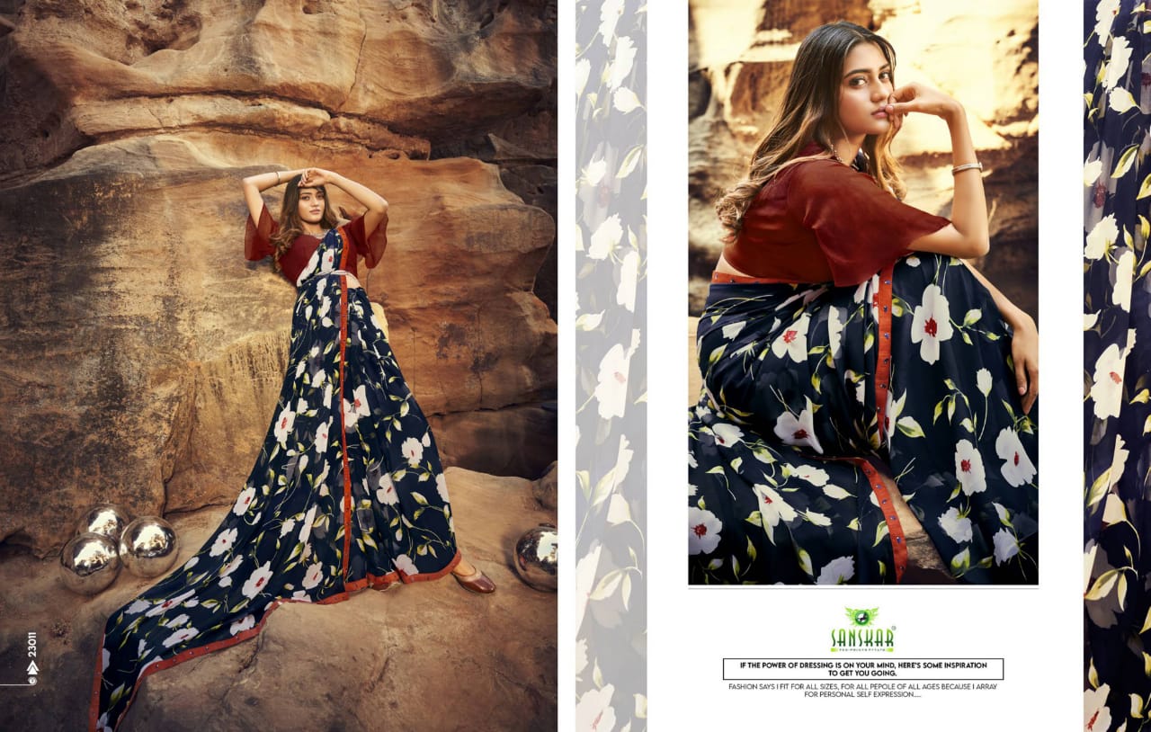 Sanskar Tex Prints Once More Casual Wear Exclusive Printed Georgette Fancy Border Saree