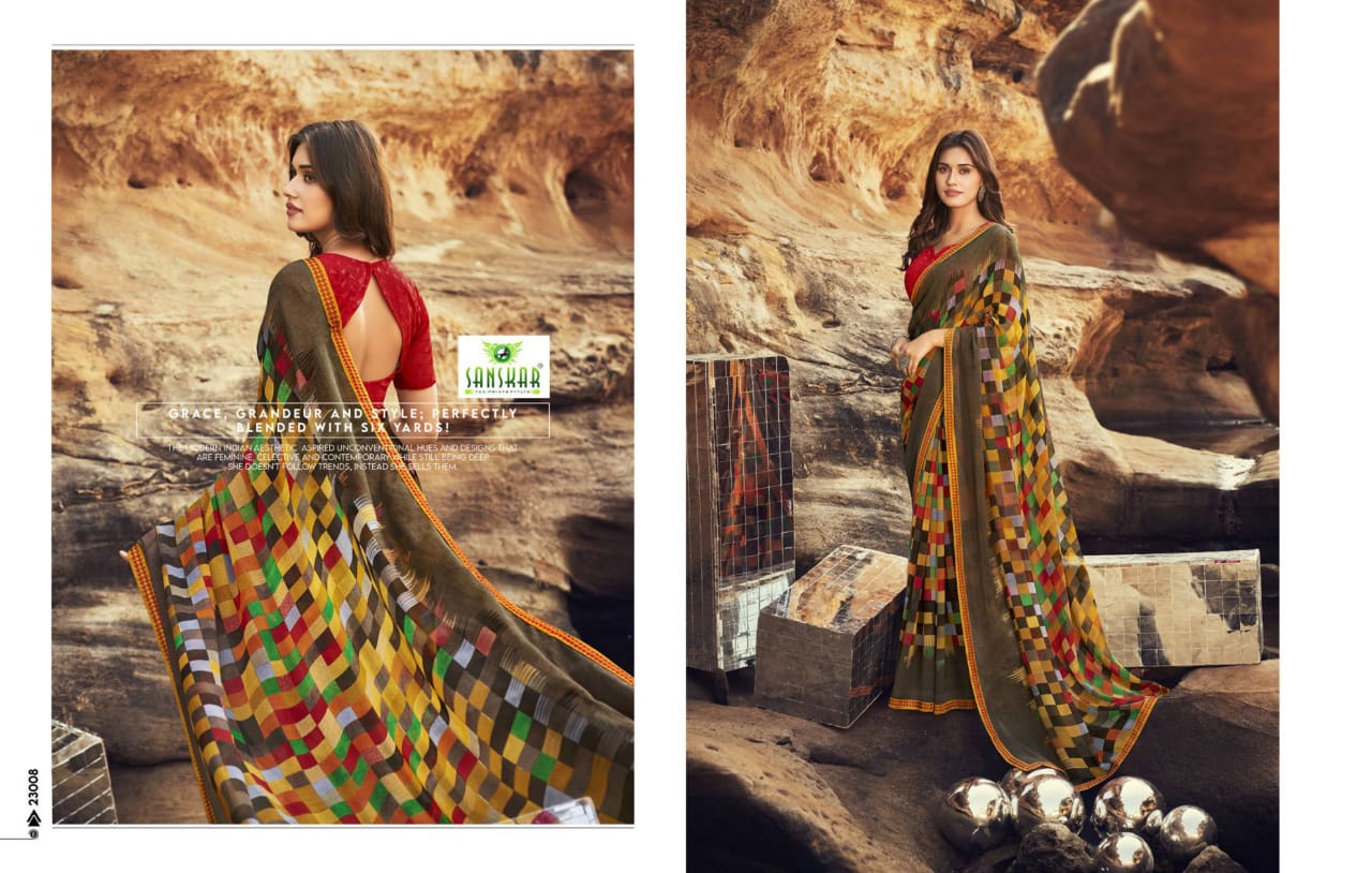 Sanskar Tex Prints Once More Casual Wear Exclusive Printed Georgette Fancy Border Saree