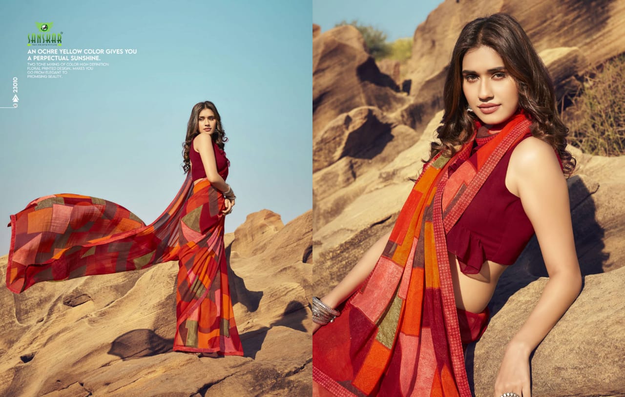 Sanskar Tex Prints Once More Casual Wear Exclusive Printed Georgette Fancy Border Saree