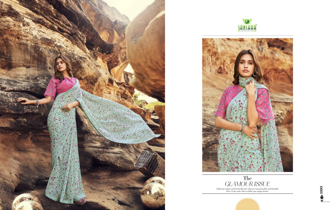 Sanskar Tex Prints Once More Casual Wear Exclusive Printed Georgette Fancy Border Saree