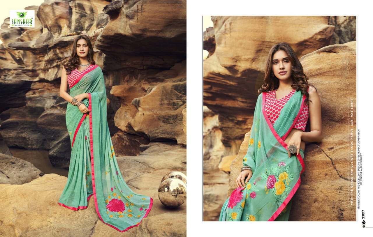 Sanskar Tex Prints Once More Casual Wear Exclusive Printed Georgette Fancy Border Saree