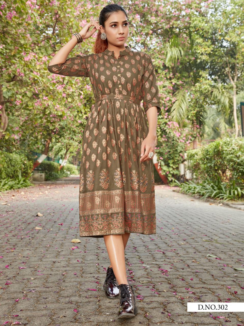 Style Out Vol 3 By Vee Fab Rayon Slub With Gold Print Long Style Kurti Catalogs Seller