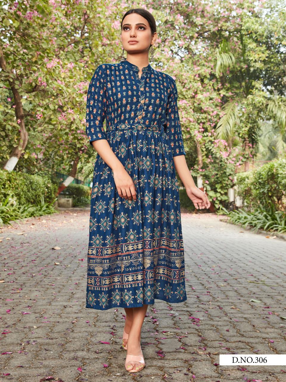 Style Out Vol 3 By Vee Fab Rayon Slub With Gold Print Long Style Kurti Catalogs Seller