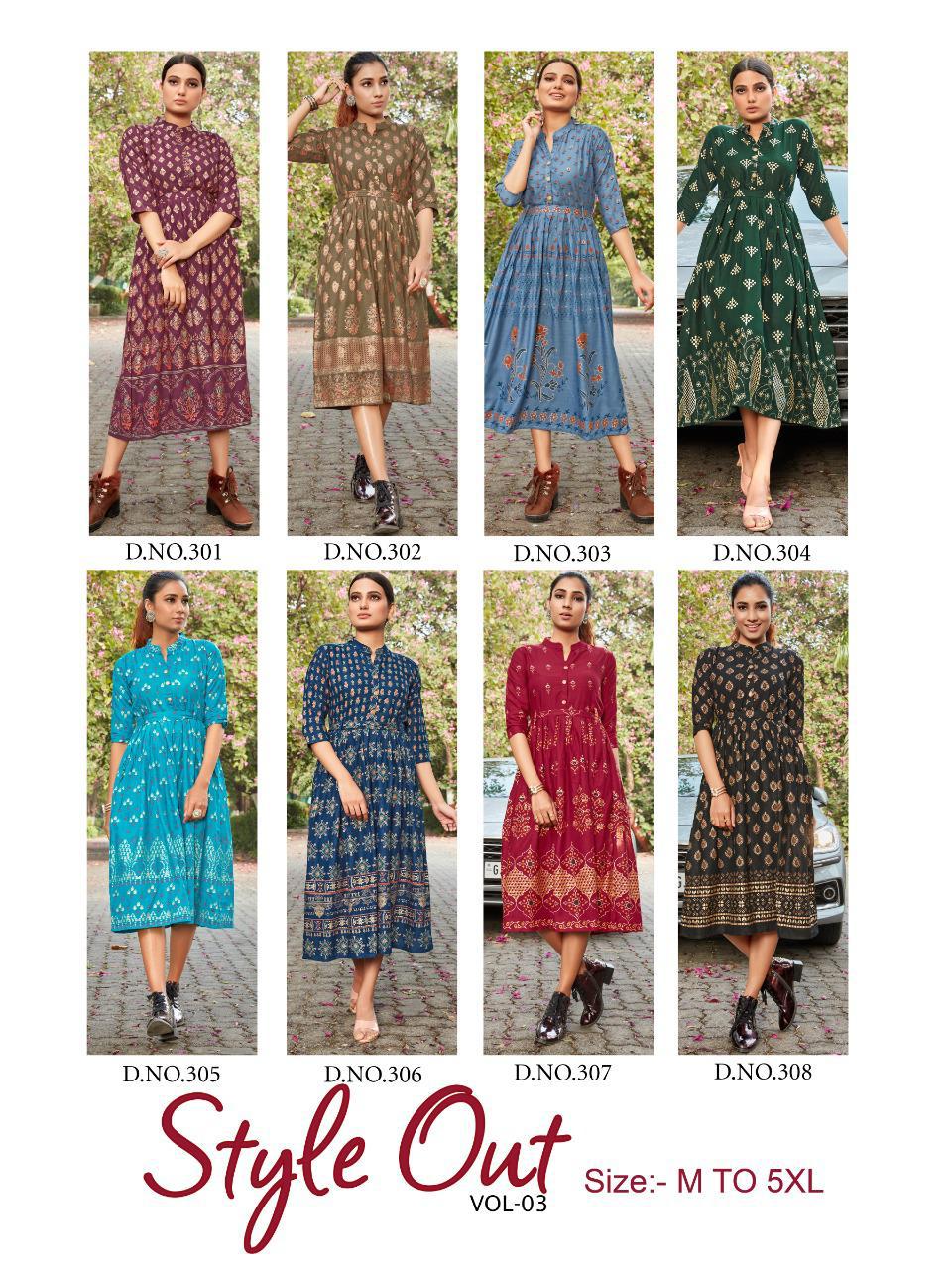 Style Out Vol 3 By Vee Fab Rayon Slub With Gold Print Long Style Kurti Catalogs Seller