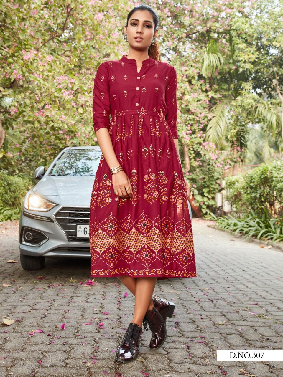 Style Out Vol 3 By Vee Fab Rayon Slub With Gold Print Long Style Kurti Catalogs Seller