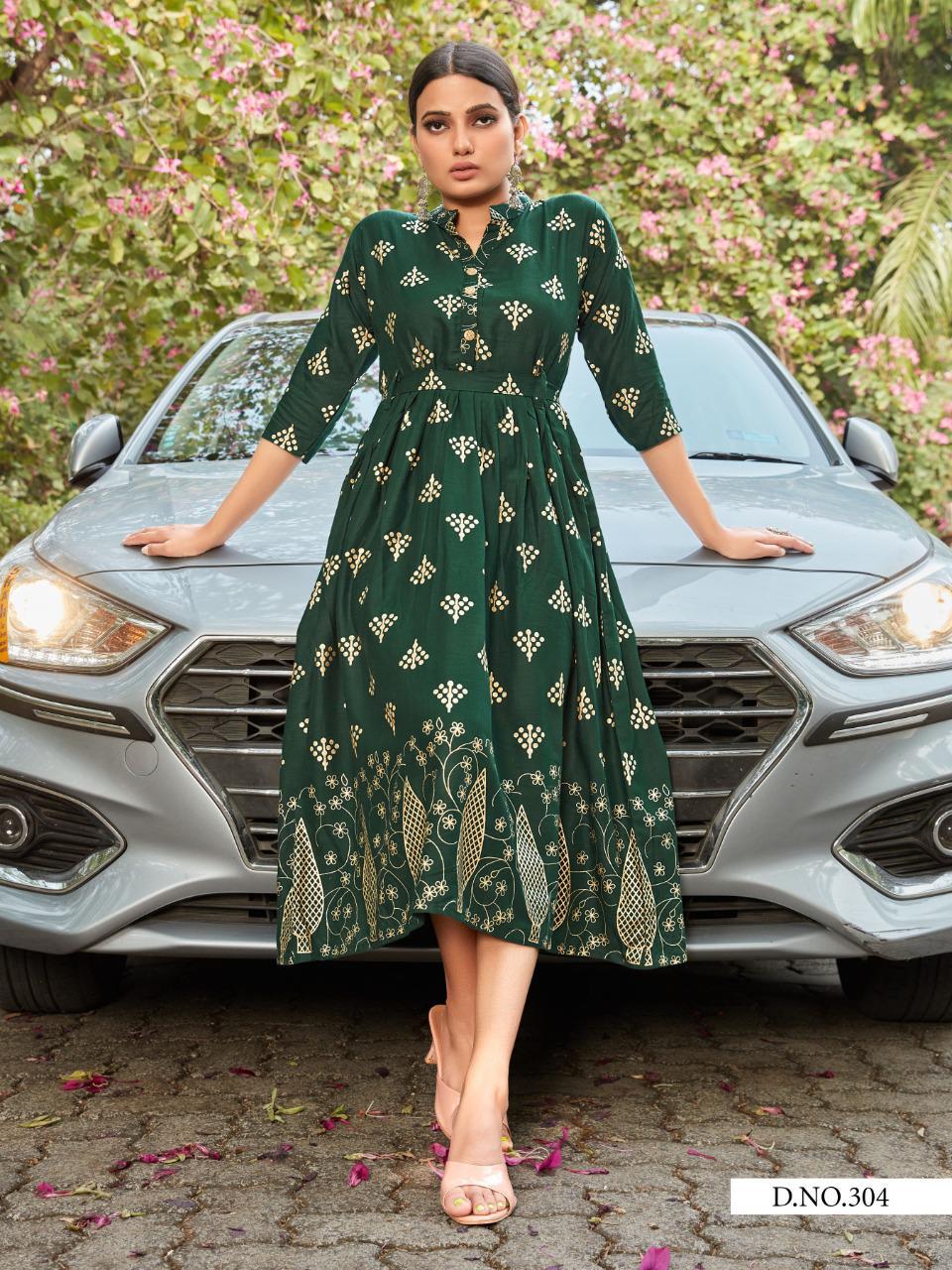 Style Out Vol 3 By Vee Fab Rayon Slub With Gold Print Long Style Kurti Catalogs Seller