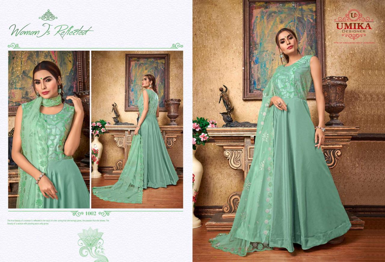 Umika Designer Priya New Party Wear Long Gown Catalogs Of Silk Fabric With Heavy Work Dupatta