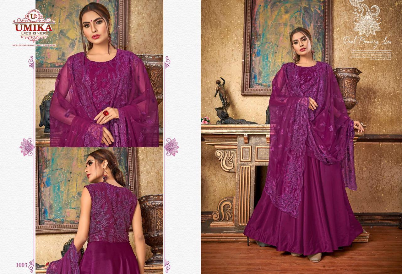 Umika Designer Priya New Party Wear Long Gown Catalogs Of Silk Fabric With Heavy Work Dupatta