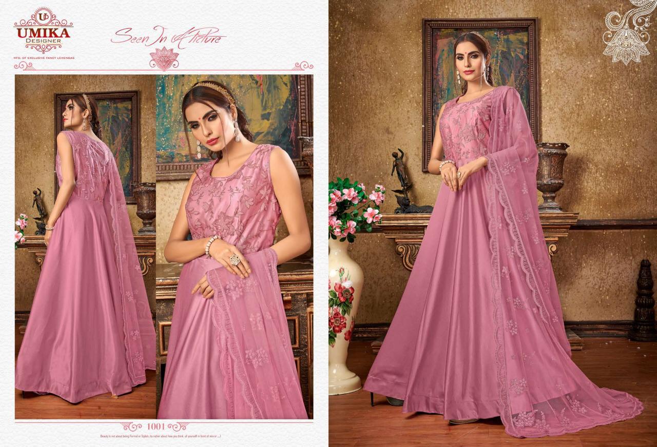 Umika Designer Priya New Party Wear Long Gown Catalogs Of Silk Fabric With Heavy Work Dupatta
