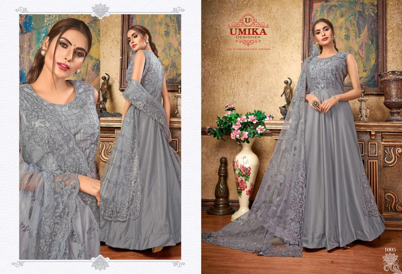 Umika Designer Priya New Party Wear Long Gown Catalogs Of Silk Fabric With Heavy Work Dupatta