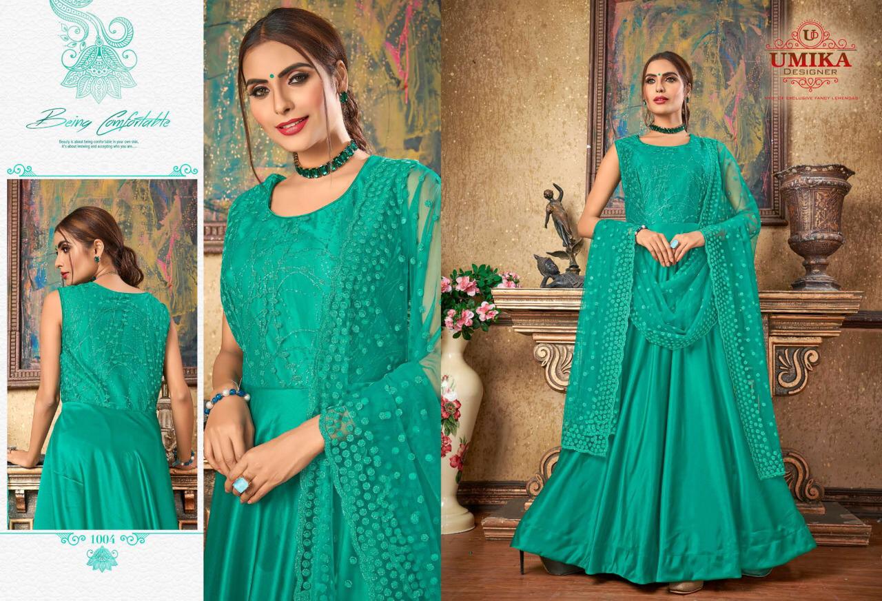 Umika Designer Priya New Party Wear Long Gown Catalogs Of Silk Fabric With Heavy Work Dupatta