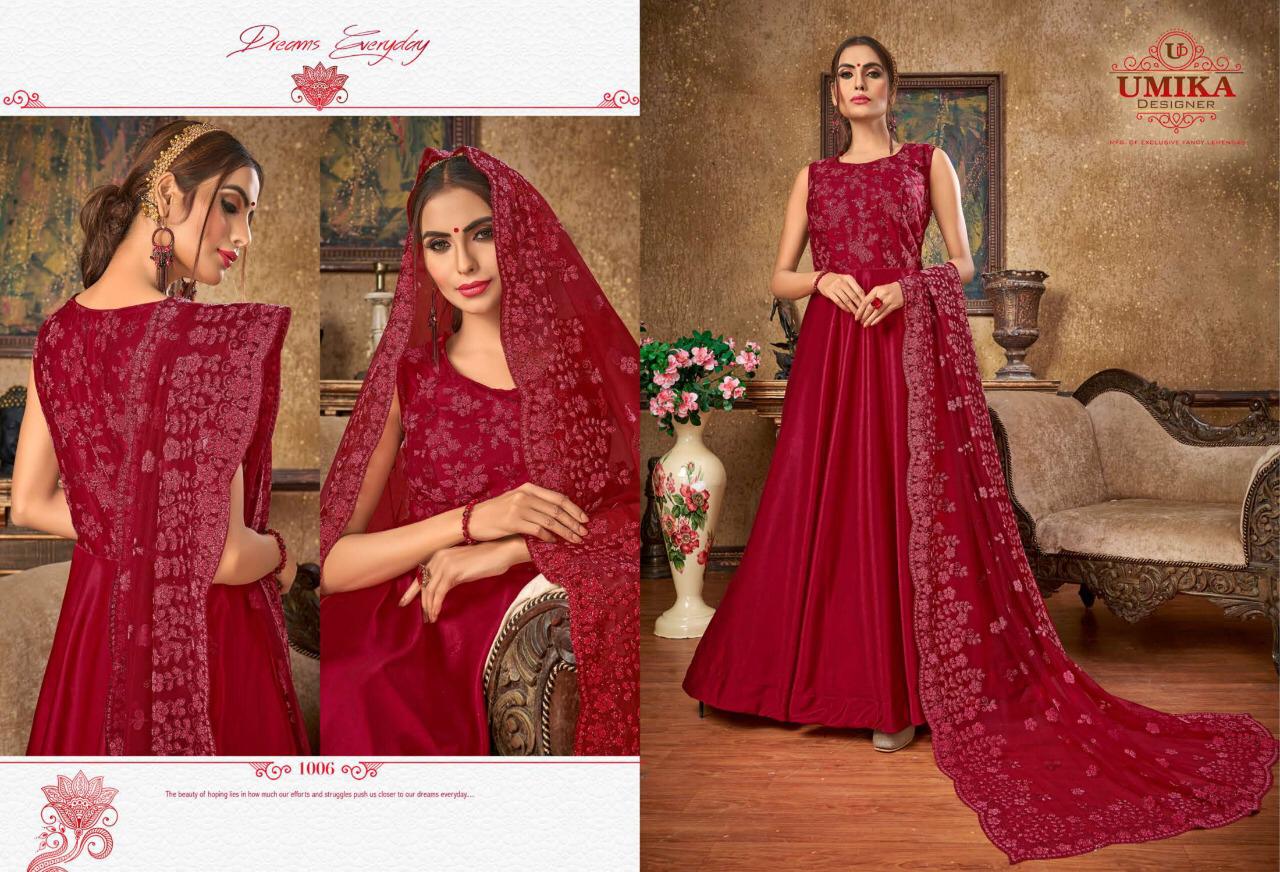 Umika Designer Priya New Party Wear Long Gown Catalogs Of Silk Fabric With Heavy Work Dupatta