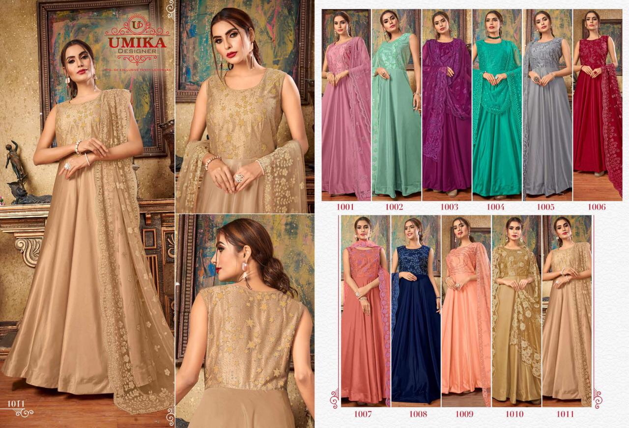 Umika Designer Priya New Party Wear Long Gown Catalogs Of Silk Fabric With Heavy Work Dupatta