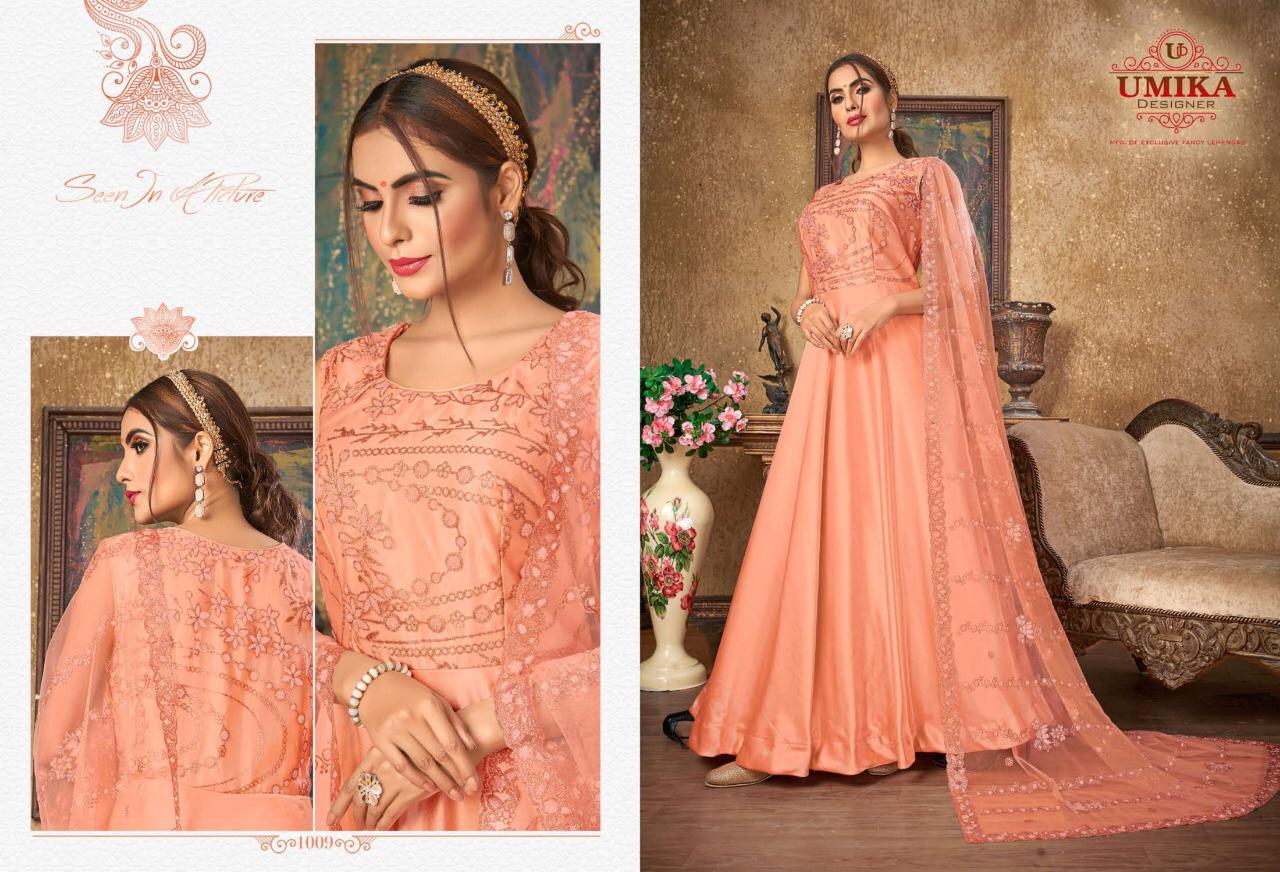 Umika Designer Priya New Party Wear Long Gown Catalogs Of Silk Fabric With Heavy Work Dupatta