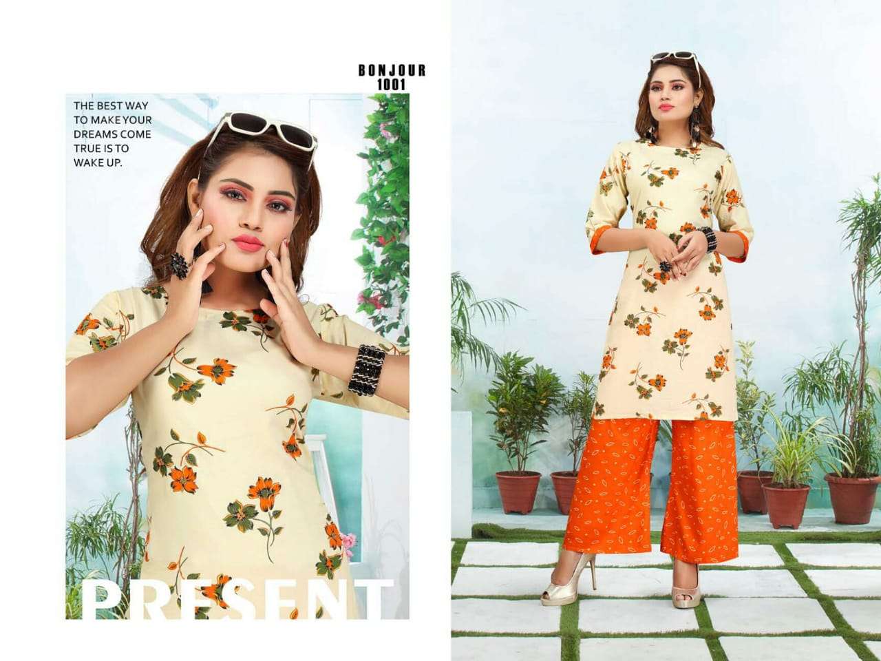 Bonjour by fashion talk heavy rayon kurti with plazo catalog collection wholesaler