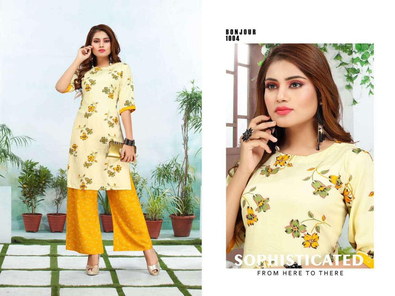 Bonjour by fashion talk heavy rayon kurti with plazo catalog collection wholesaler