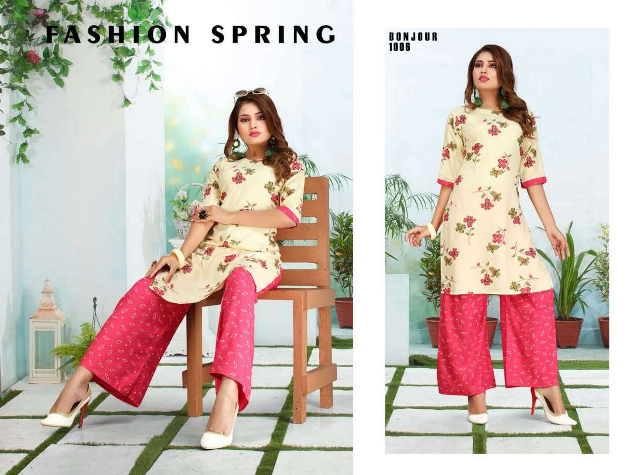 Bonjour by fashion talk heavy rayon kurti with plazo catalog collection wholesaler