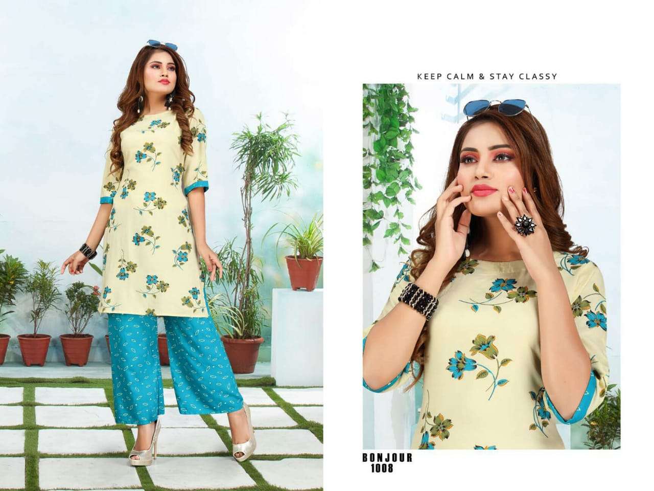 Bonjour by fashion talk heavy rayon kurti with plazo catalog collection wholesaler