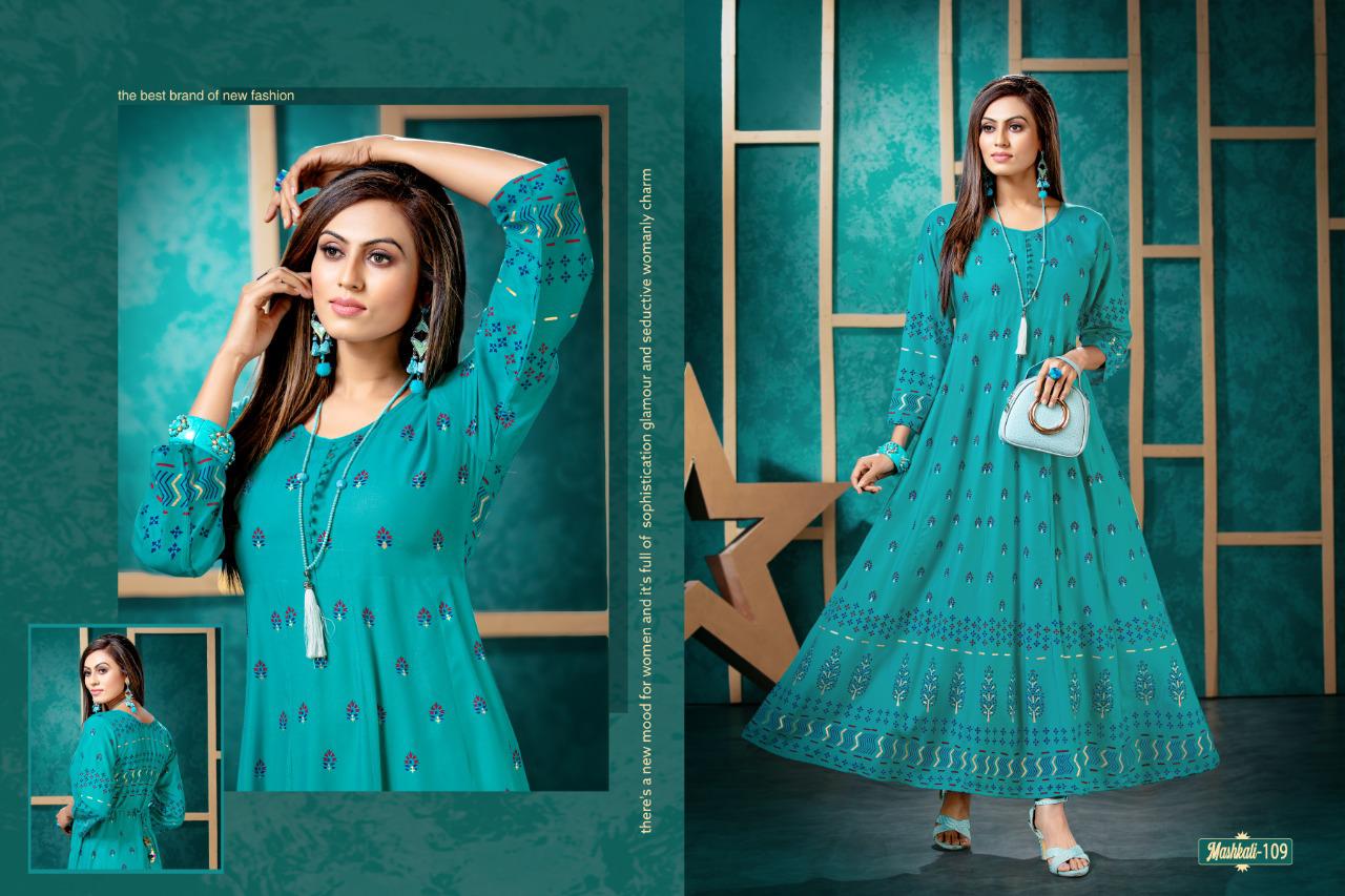 Mashkali By Fashion Talk Rayon Anarkali Pattern Casual Kurti Exporter In Surat Textile Market