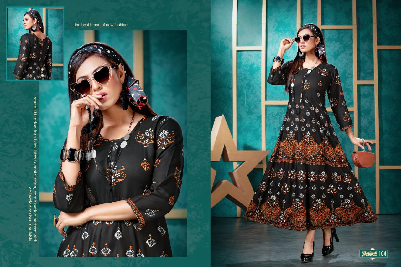 Mashkali By Fashion Talk Rayon Anarkali Pattern Casual Kurti Exporter In Surat Textile Market