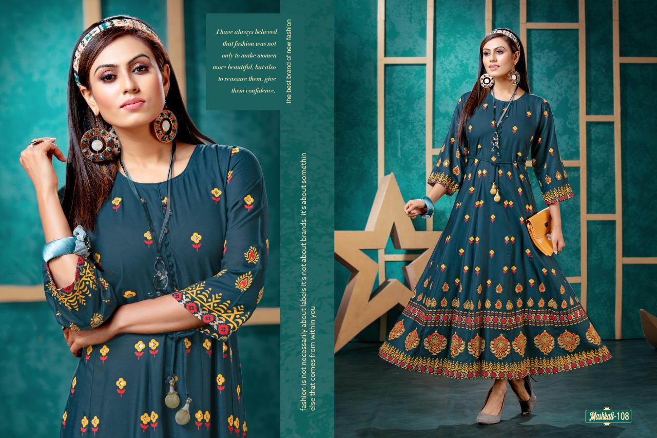 Mashkali By Fashion Talk Rayon Anarkali Pattern Casual Kurti Exporter In Surat Textile Market