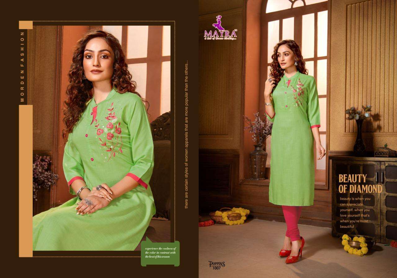 poppins by mayra heavy rayon slub with embroydrey work kurti catalog collection wholesaler best rate ahmedabad surat india