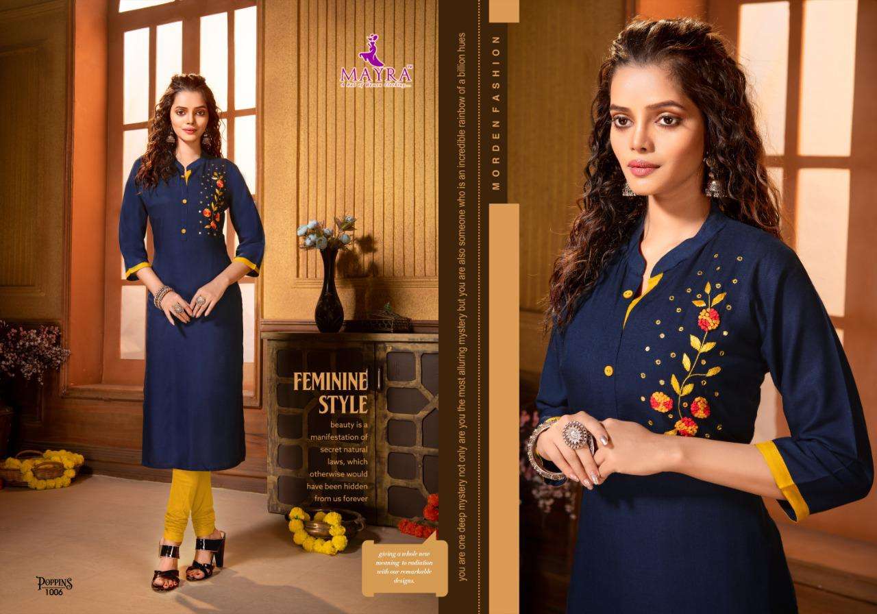poppins by mayra heavy rayon slub with embroydrey work kurti catalog collection wholesaler best rate ahmedabad surat india