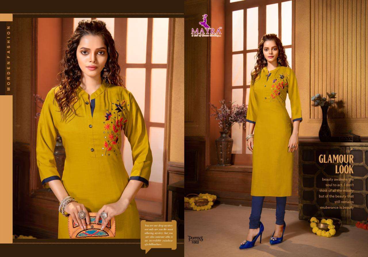 poppins by mayra heavy rayon slub with embroydrey work kurti catalog collection wholesaler best rate ahmedabad surat india