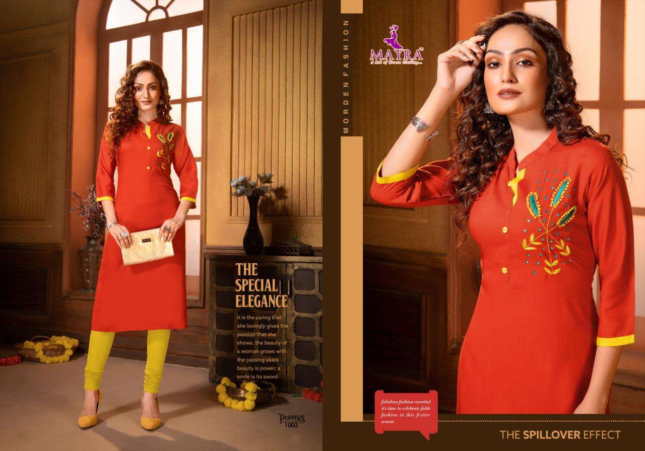 poppins by mayra heavy rayon slub with embroydrey work kurti catalog collection wholesaler best rate ahmedabad surat india