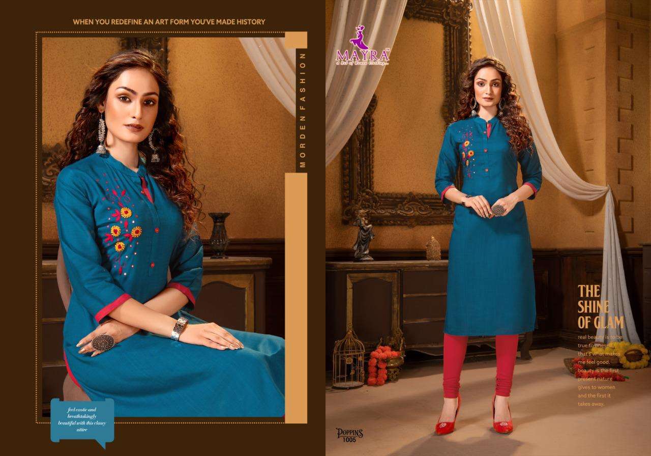 poppins by mayra heavy rayon slub with embroydrey work kurti catalog collection wholesaler best rate ahmedabad surat india