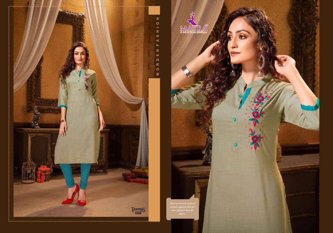 poppins by mayra heavy rayon slub with embroydrey work kurti catalog collection wholesaler best rate ahmedabad surat india