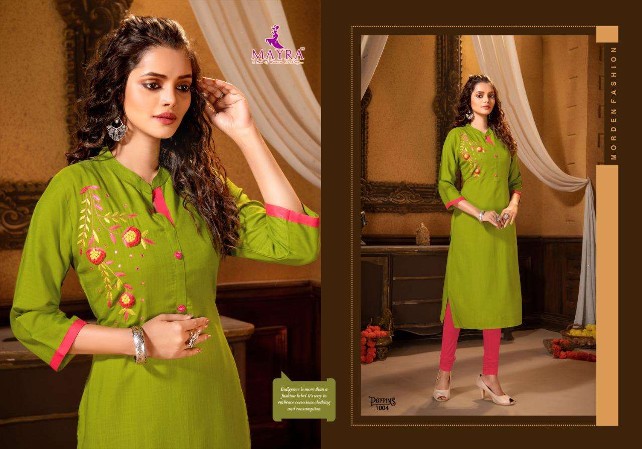 poppins by mayra heavy rayon slub with embroydrey work kurti catalog collection wholesaler best rate ahmedabad surat india
