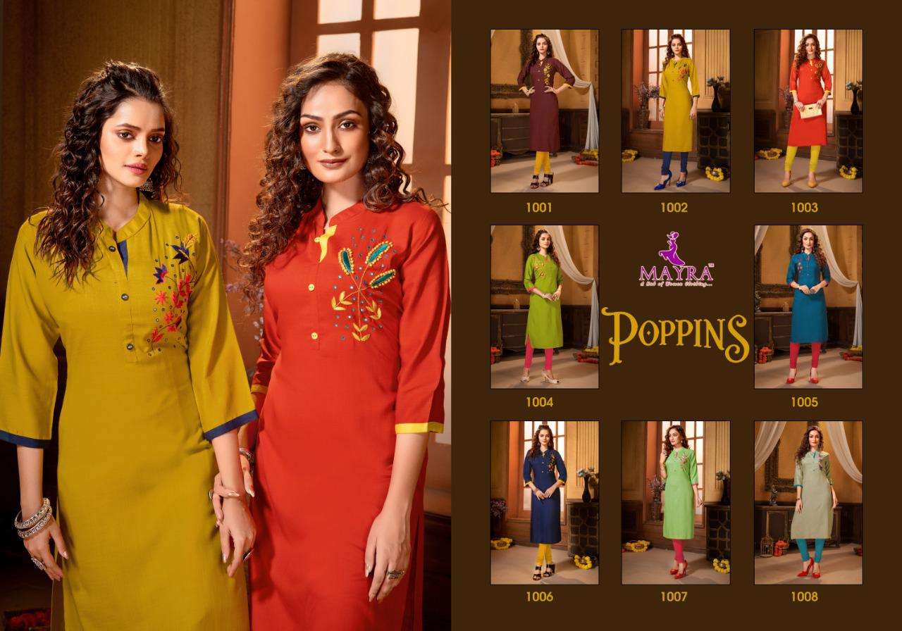 poppins by mayra heavy rayon slub with embroydrey work kurti catalog collection wholesaler best rate ahmedabad surat india