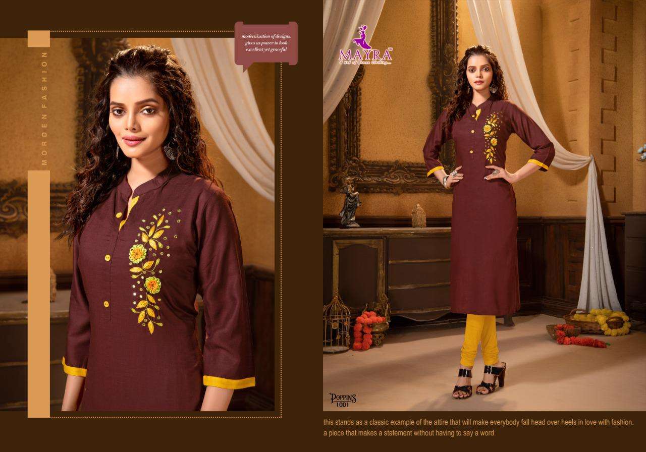 poppins by mayra heavy rayon slub with embroydrey work kurti catalog collection wholesaler best rate ahmedabad surat india