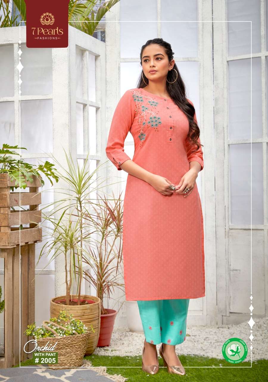 7 pearl orchid embroidery kurti with pent pair for women girls collection 
