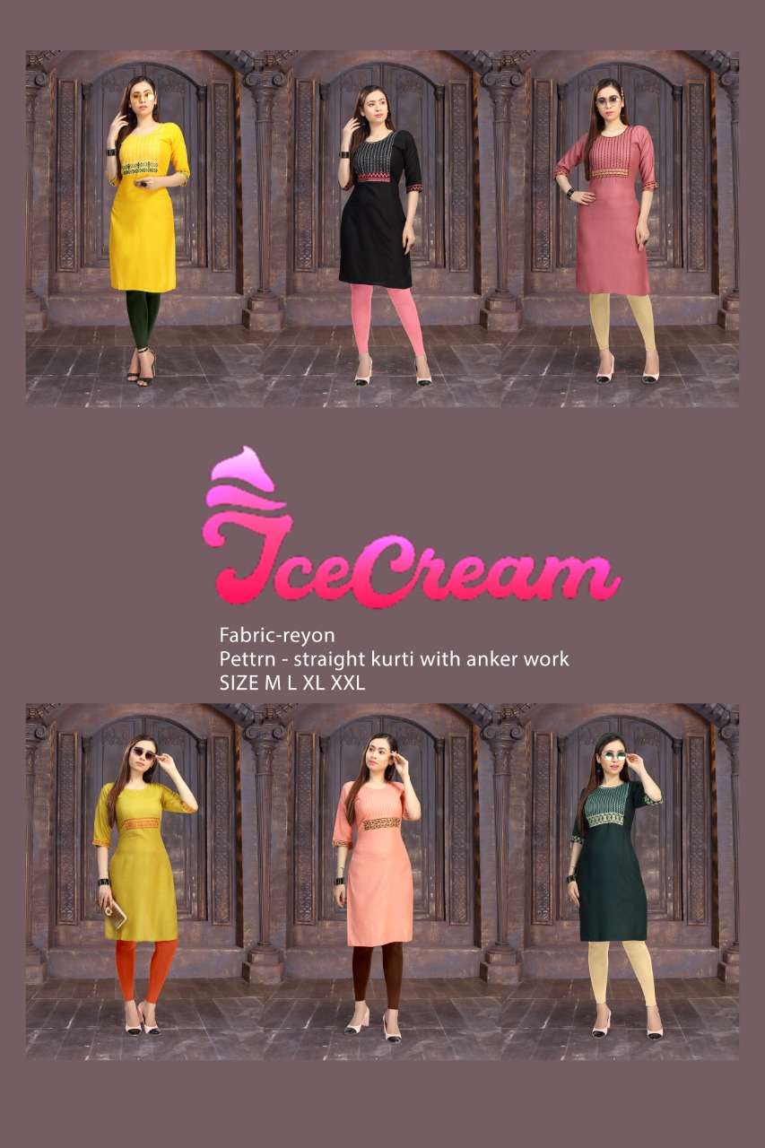 Ice cream by fashion talk heavy rayon with work kurti Catalog Collection Wholesaler Lowest Best Price In Ahmedabad Surat Chennai India Uk Usa Malaysia Singapore Canada Australia