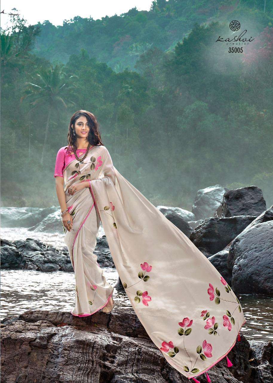 kashvi amor organza silk hand print exclusive sarees