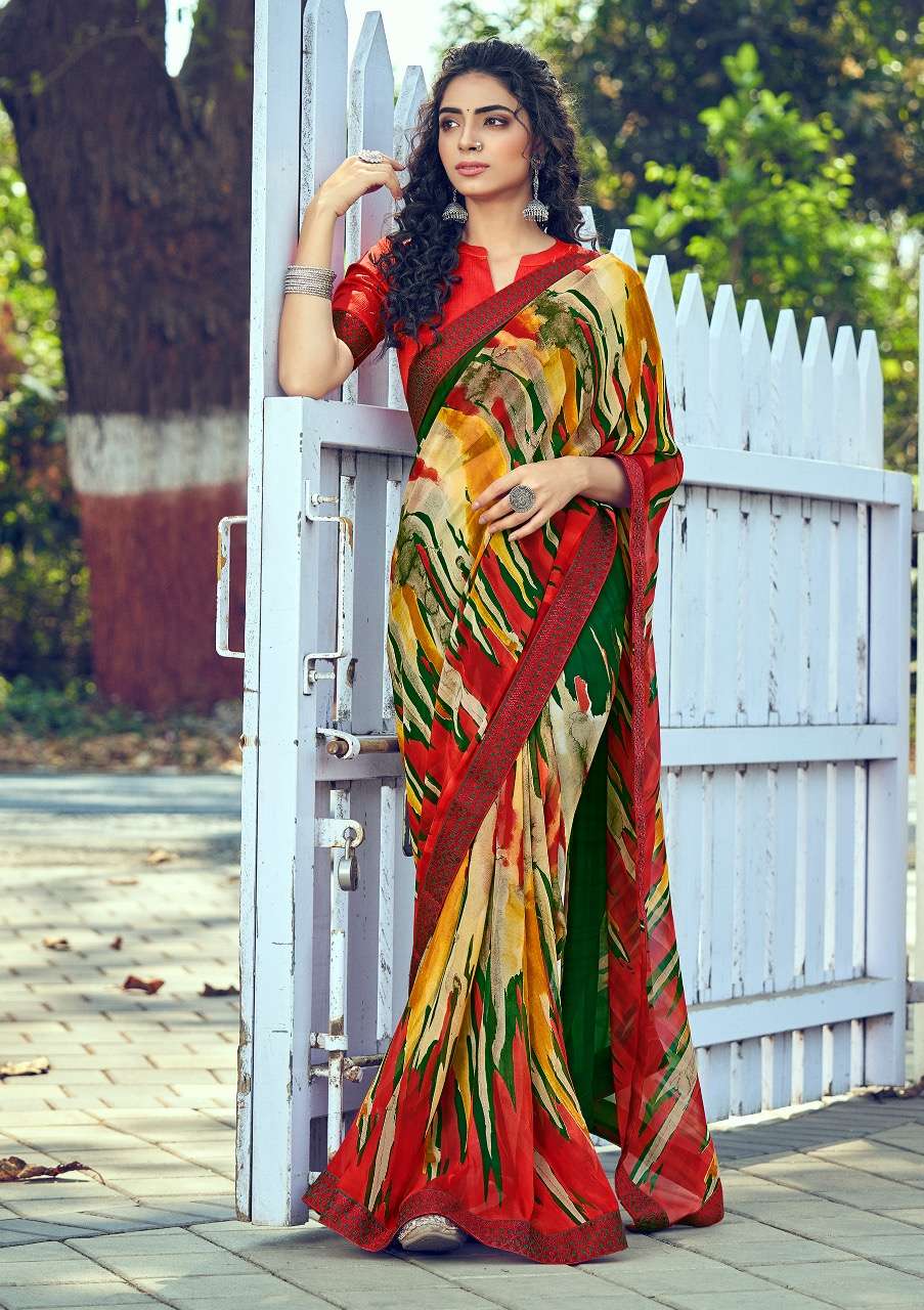 muskan by shangrila georgette printed sari with kashmiri border concept authorized supplier 