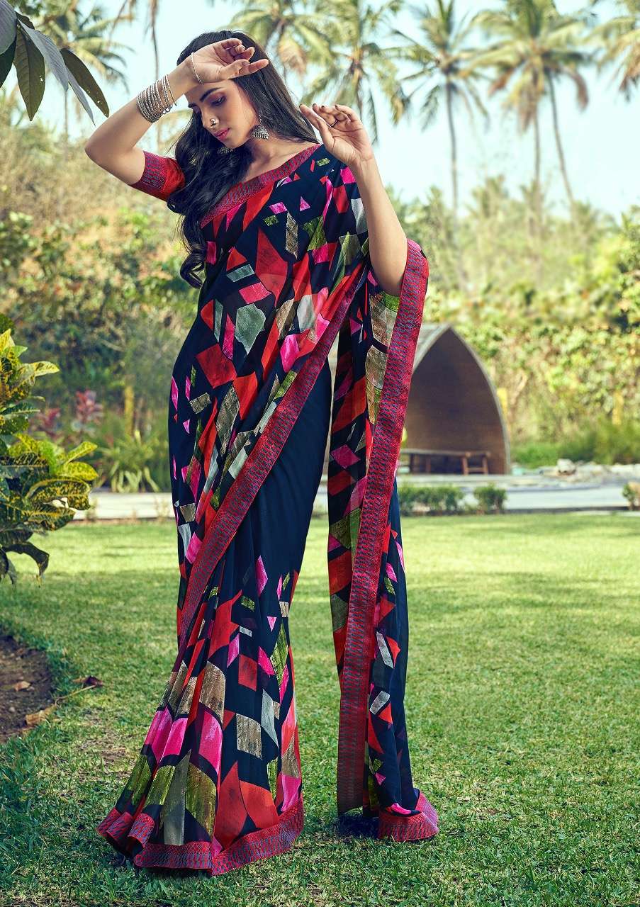 muskan by shangrila georgette printed sari with kashmiri border concept authorized supplier 