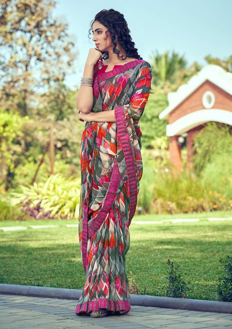 muskan by shangrila georgette printed sari with kashmiri border concept authorized supplier 