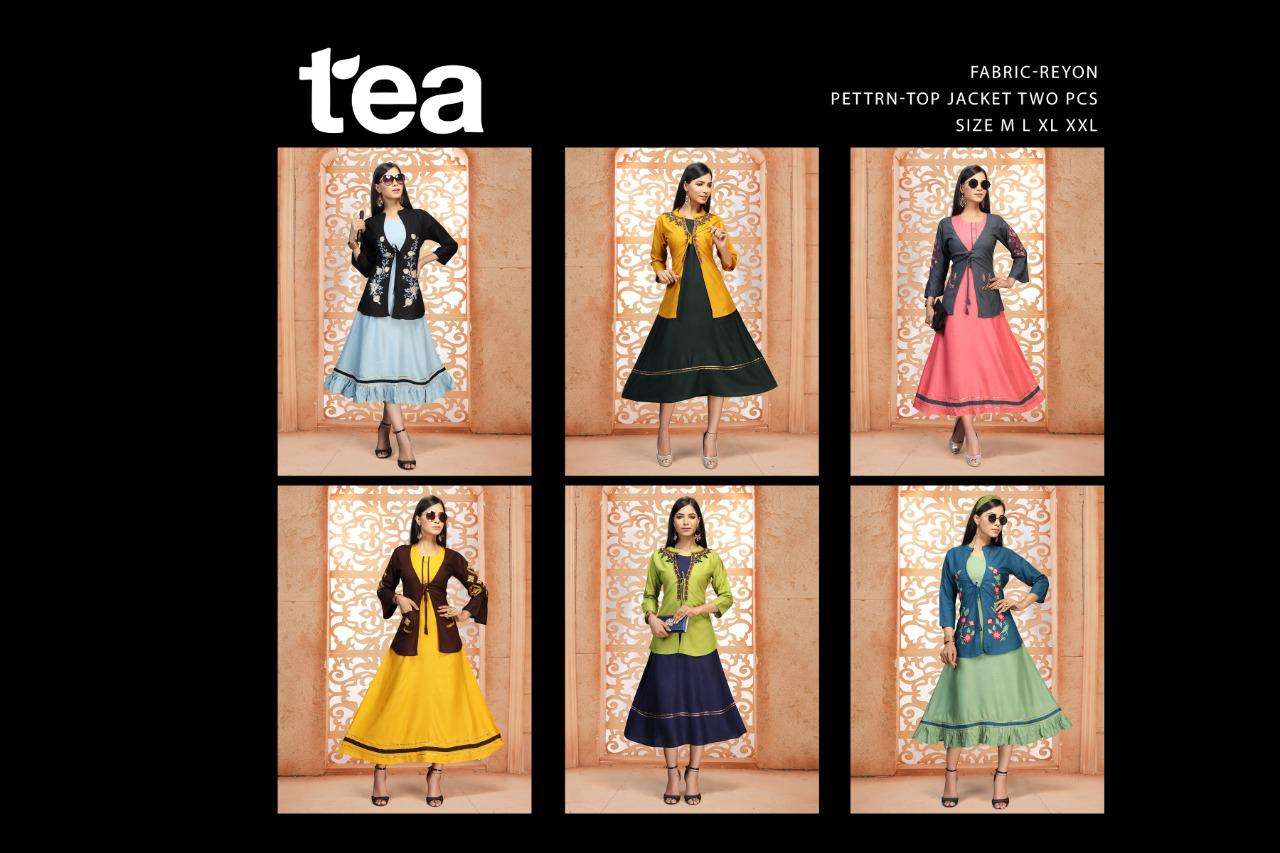 tea by fashion talk heavy rayon kurti with jacket Catalog Collection Wholesaler Lowest Best Price In Ahmedabad Surat Chennai India Uk Usa Malaysia Singapore Canada Australia
