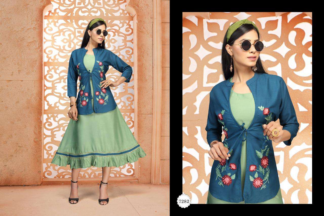 tea by fashion talk heavy rayon kurti with jacket Catalog Collection Wholesaler Lowest Best Price In Ahmedabad Surat Chennai India Uk Usa Malaysia Singapore Canada Australia