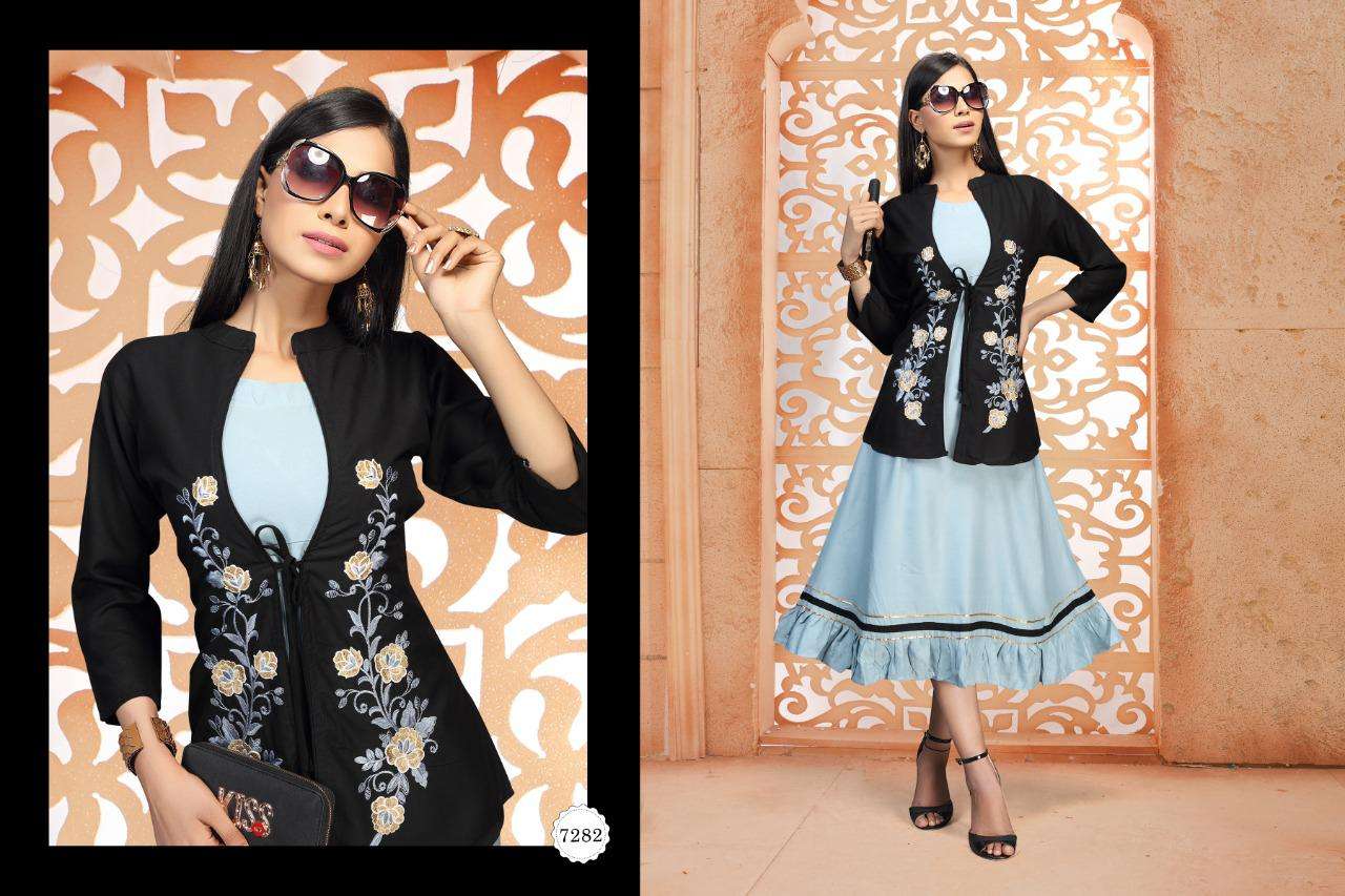 tea by fashion talk heavy rayon kurti with jacket Catalog Collection Wholesaler Lowest Best Price In Ahmedabad Surat Chennai India Uk Usa Malaysia Singapore Canada Australia