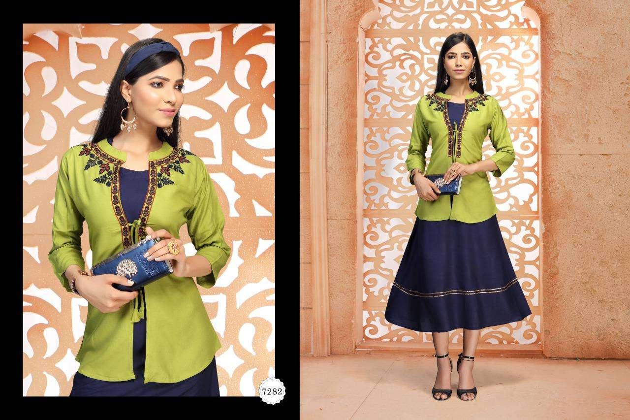 tea by fashion talk heavy rayon kurti with jacket Catalog Collection Wholesaler Lowest Best Price In Ahmedabad Surat Chennai India Uk Usa Malaysia Singapore Canada Australia