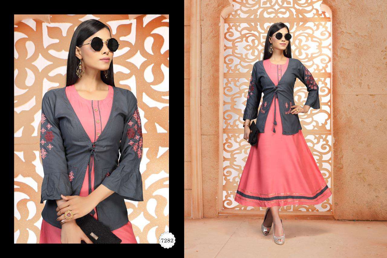 tea by fashion talk heavy rayon kurti with jacket Catalog Collection Wholesaler Lowest Best Price In Ahmedabad Surat Chennai India Uk Usa Malaysia Singapore Canada Australia