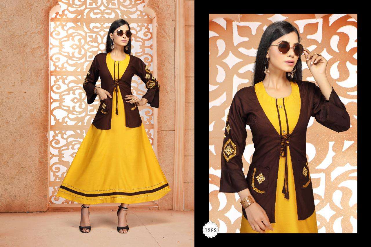 tea by fashion talk heavy rayon kurti with jacket Catalog Collection Wholesaler Lowest Best Price In Ahmedabad Surat Chennai India Uk Usa Malaysia Singapore Canada Australia