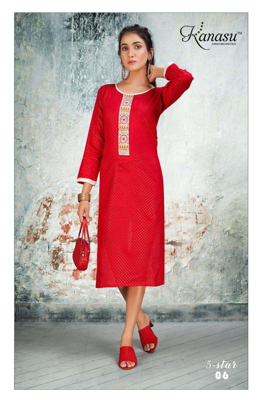 five star by kanasu heavy cotton embose kurti Catalog Collection Wholesaler Lowest Best Price In Ahmedabad Surat Chennai India Uk Usa Malaysia Singapore Canada Australia