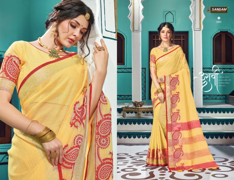 Sangam Print Launch Victoria Linen Embroidery Work Exclusive Saree Exporter