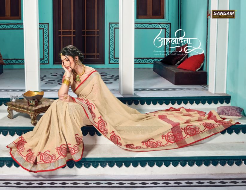 Sangam Print Launch Victoria Linen Embroidery Work Exclusive Saree Exporter