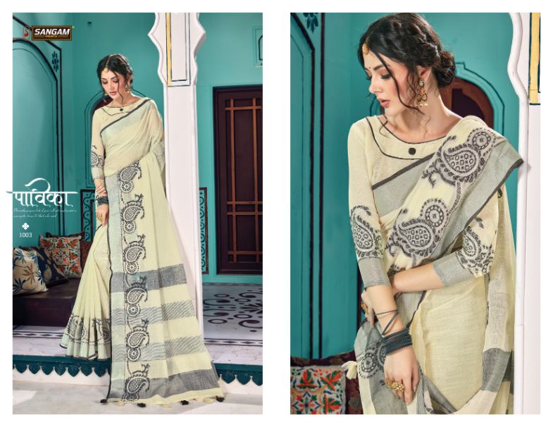Sangam Print Launch Victoria Linen Embroidery Work Exclusive Saree Exporter